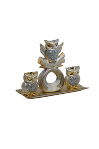 4pc Silver/Gold Diamond Owl Set