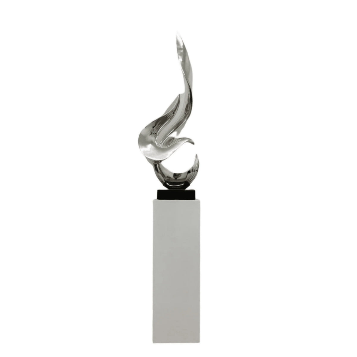 CHROME FLAME FLOOR SCULPTURE WITH WHITE STAND, 65" TALL