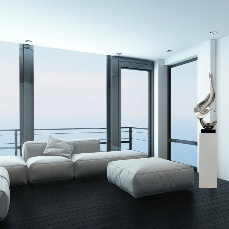 CHROME FLAME FLOOR SCULPTURE WITH WHITE STAND, 65" TALL