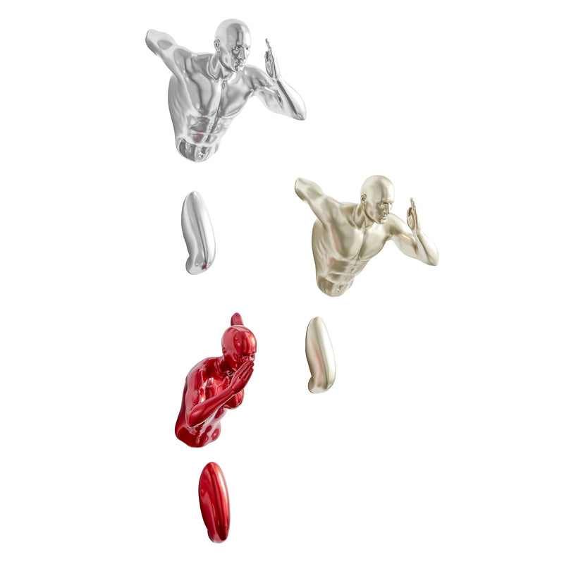SET OF THREE WALL RUNNERS SCULPTURES // METALLIC RED, GOLD, CHROME