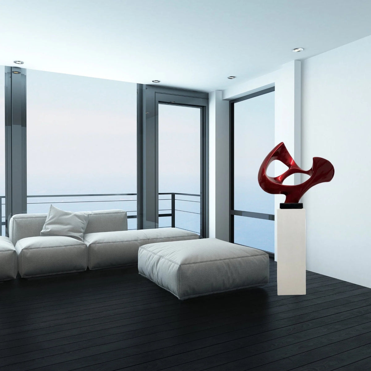 METALLIC RED ABSTRACT MASK FLOOR SCULPTURE WITH WHITE STAND, 54" TALL