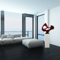 METALLIC RED ABSTRACT MASK FLOOR SCULPTURE WITH WHITE STAND, 54" TALL