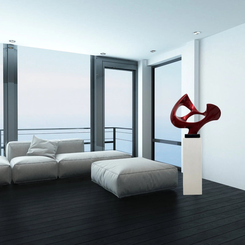 METALLIC RED ABSTRACT MASK FLOOR SCULPTURE WITH WHITE STAND, 54" TALL