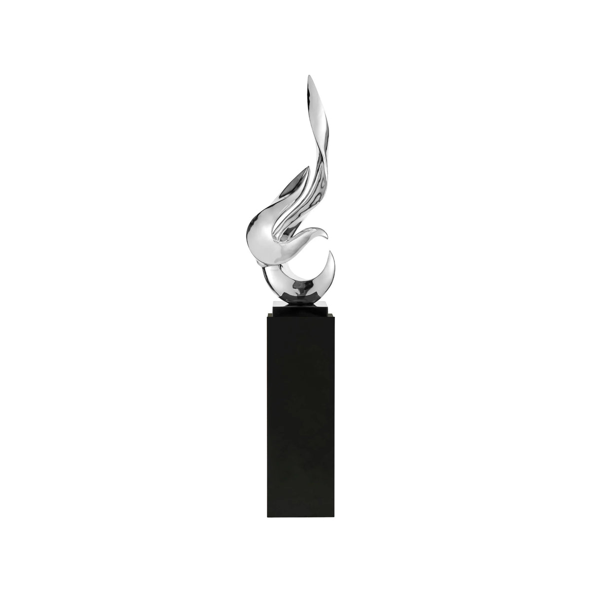 CHROME FLAME FLOOR SCULPTURE WITH BLACK STAND, 65" TALL