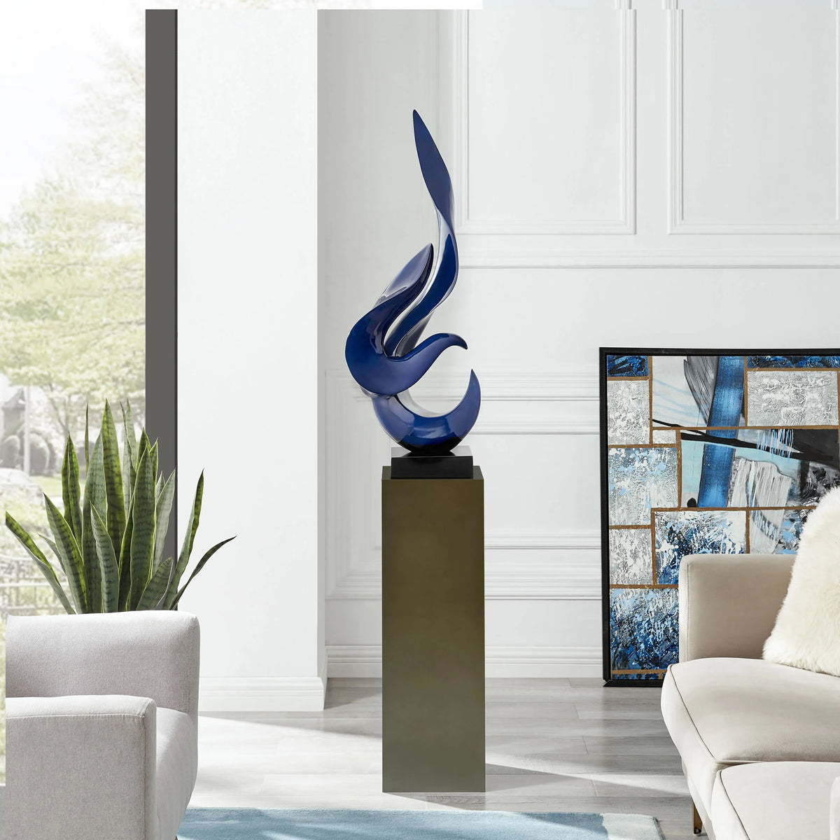 NAVY BLUE FLAME FLOOR SCULPTURE WITH GRAY STAND, 65" TALL