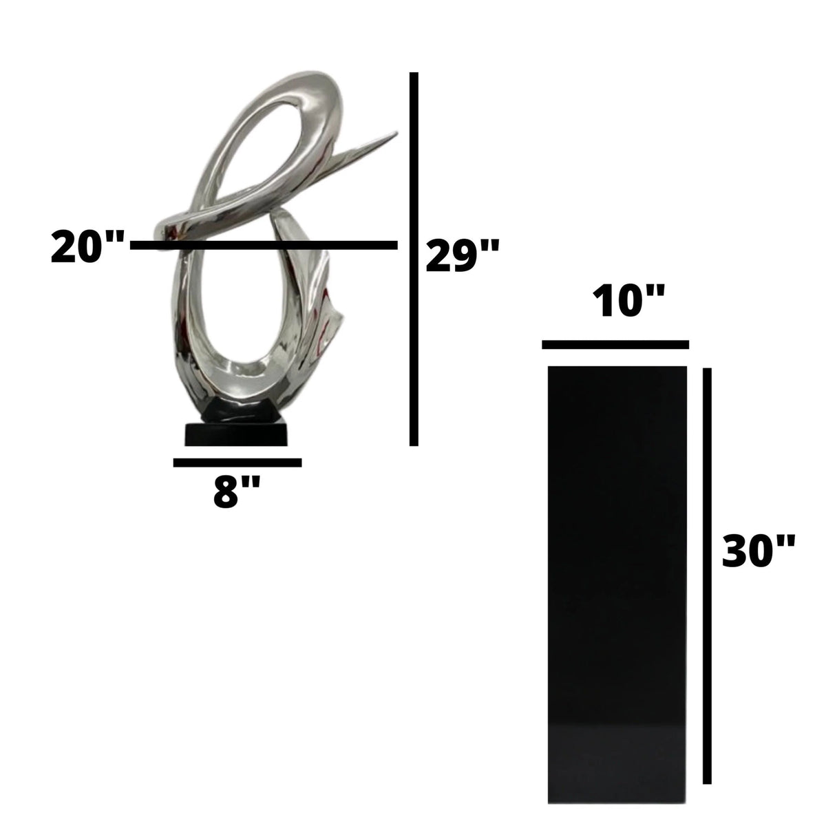 CHROME FLUID ABSTRACT FLOOR SCULPTURE WITH BLACK STAND, 59" TALL