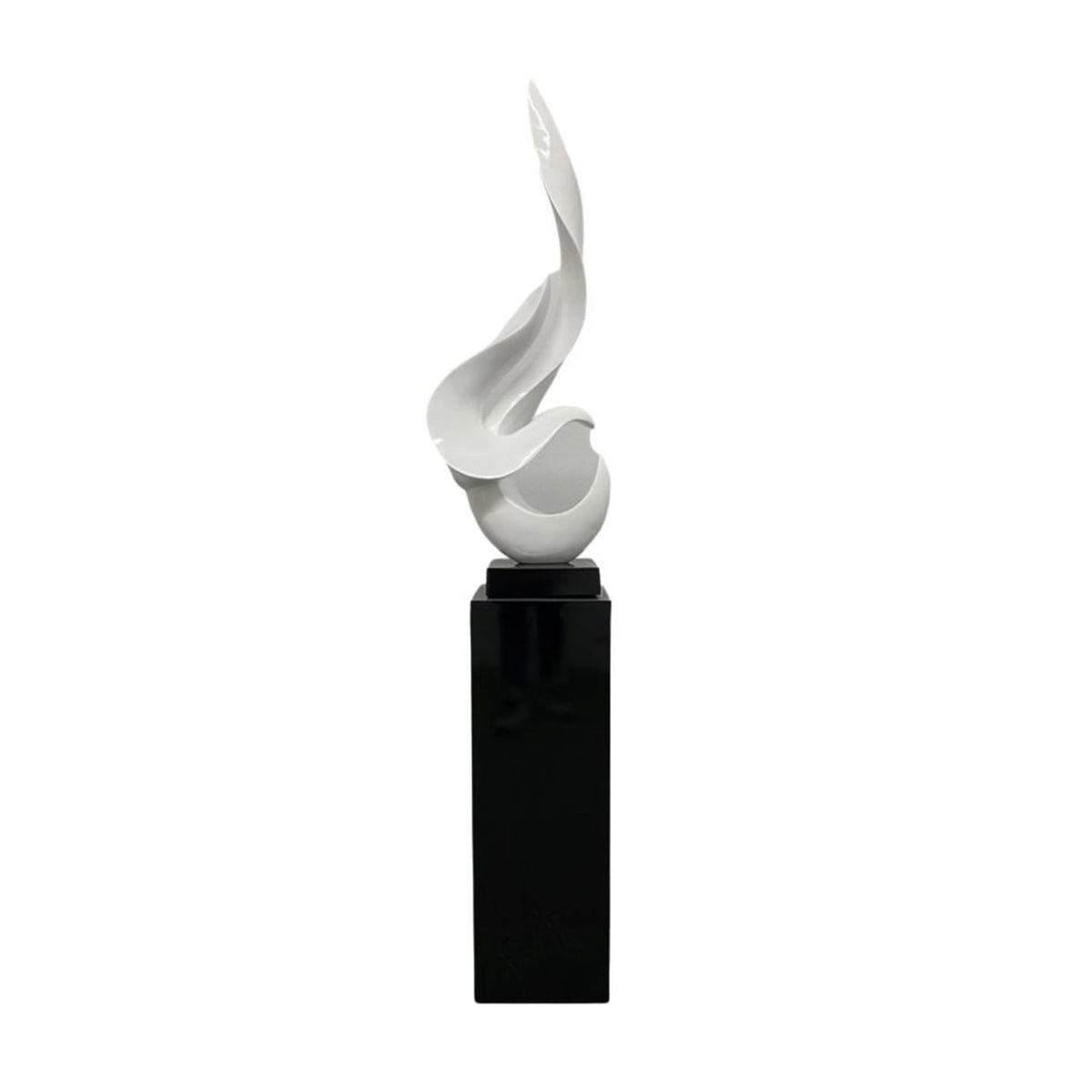 WHITE FLAME FLOOR SCULPTURE WITH BLACK STAND, 65" TALL