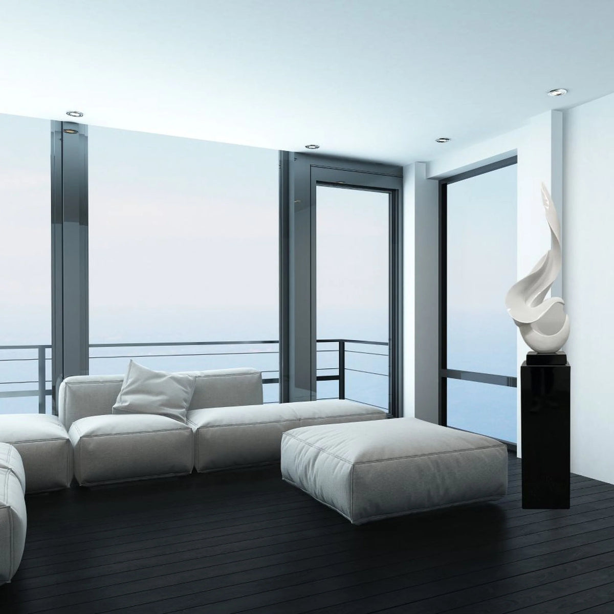 WHITE FLAME FLOOR SCULPTURE WITH BLACK STAND, 65" TALL