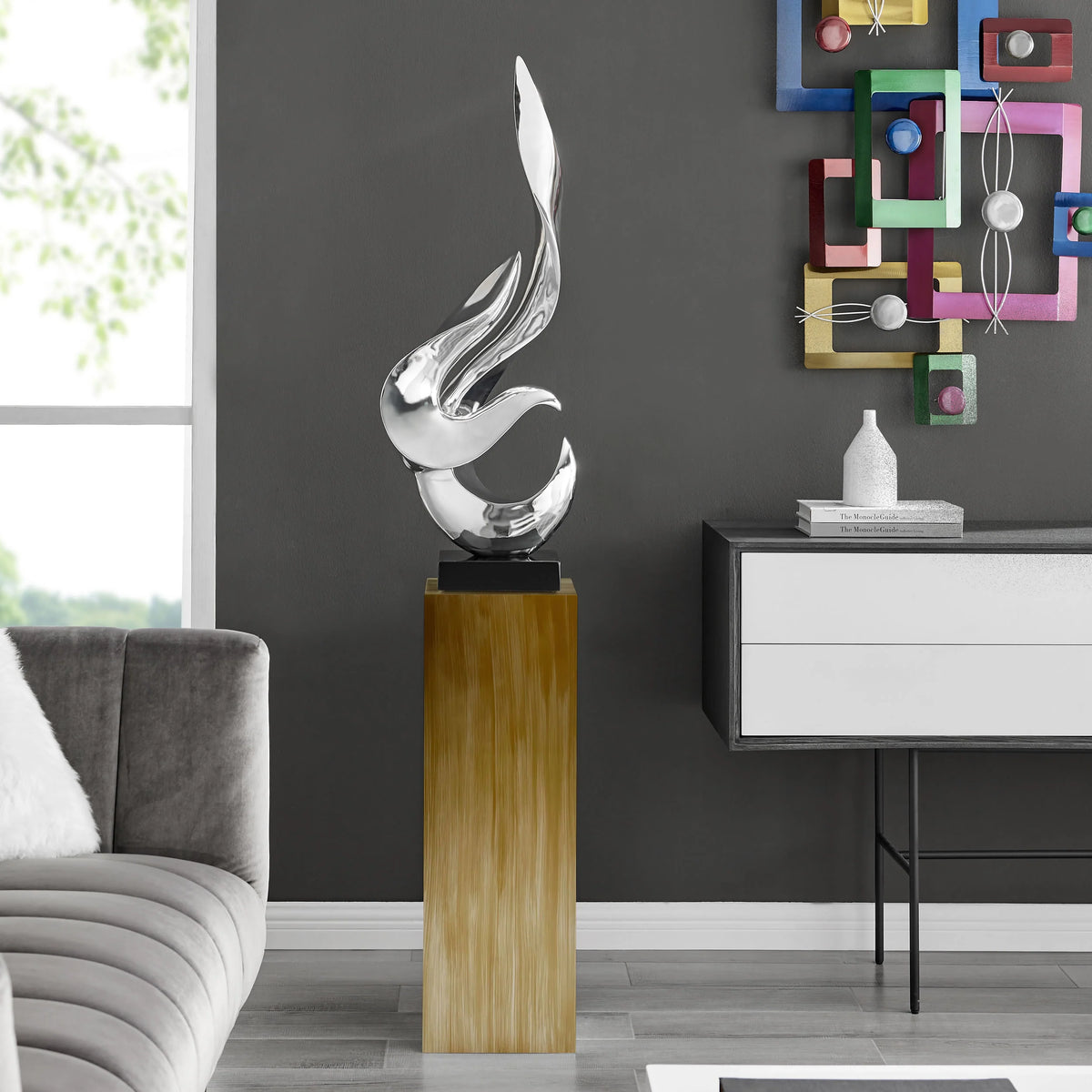 CHROME FLAME FLOOR SCULPTURE WITH BASE  STAND, 65" TALL