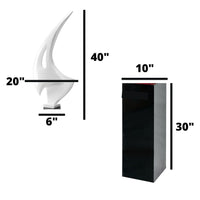 WHITE SAIL FLOOR SCULPTURE WITH BLACK STAND, 70" TALL